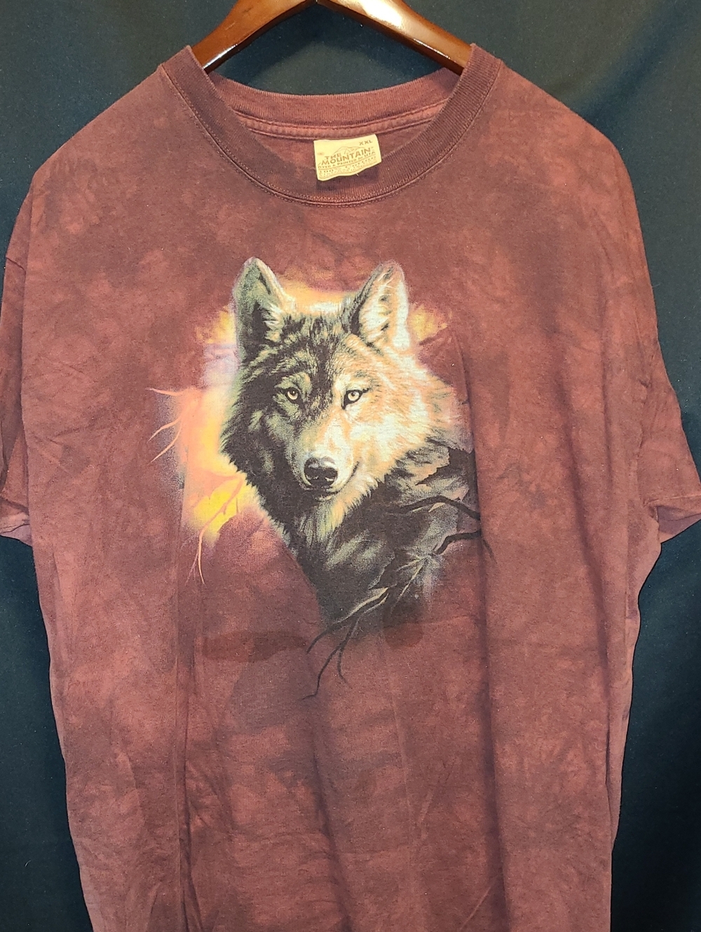 Vtg The Mountain Leather Tag Graphic Wolf Portrait Tie Dye T-Shirt Size XXLarge